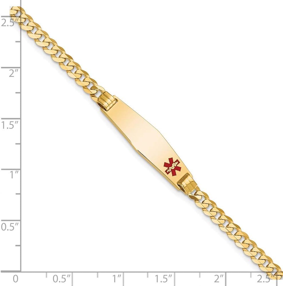 Engravable Personalized Custom 14K Yellow Gold Medical Soft Diamond Shape Red Enamel Curb Link ID Bracelet For Men or Women Length 8 inches Width 7.5 mm