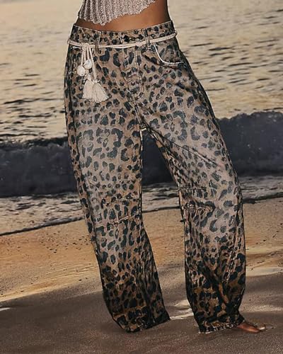 Women's Mid Rise Barrel Jeans Leopard Printed Baggy Wide Leg Cropped Jeans Casual Denim Ankle Pants Boyfriend Jeans3