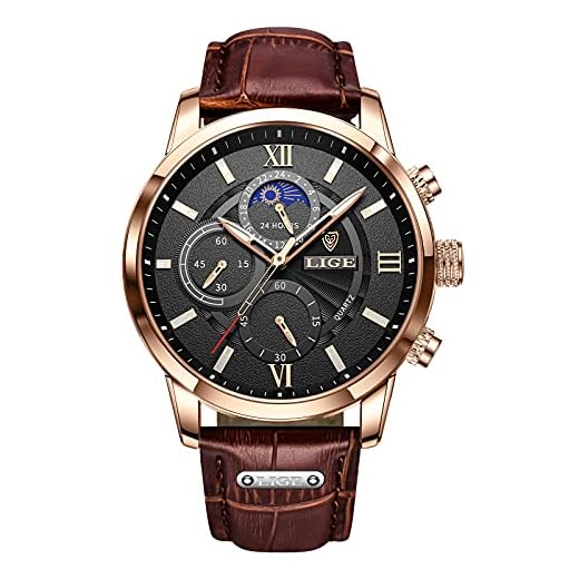 LIGE Relojes Hombre, Reloj de Pulsera de Cuero con Correa de Cuero para Vestido de Negocios de Cuarzo Analógico a Prueba de Agua a la Moda para Hombres (Marrón Negro)