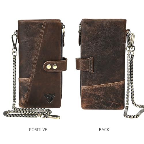 Image of Genuine Crazy Horse Leather Travel Gift Coin Pocket Card Case Long Organizer Chain Rfid Wallet Purse With Snap For Men Male 1803 (1803 dark coffee)