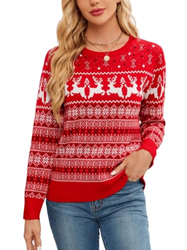 Image of Women's Christmas Sweater,Crew Neck Long Sleeve Soft Warm Winter Snowflake Reindeer Xmas Pullover Tops