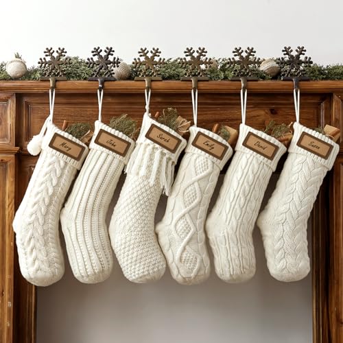 Christmas Stockings: 6 Pack 18 inch Cream White Cable Knit Patterns Fireplace Stockings, Rustic Hanging Xmas Stockings Farmhouse Boho Beige Knitted Stocking Decorations for Family Holiday Decor