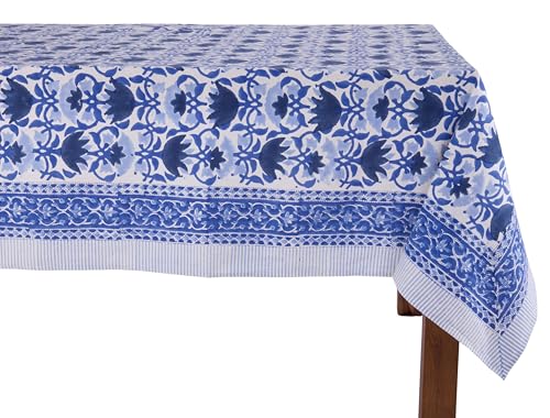 ATOSII Positano Blue 100% Cotton Rectangle Fall Tablecloth, Handblock Floral Linen Table Cloth for Dining Table I Parties Christmas Thanksgiving Grand Millennial Home Decor 72 X 108 Inches I 8 Seater