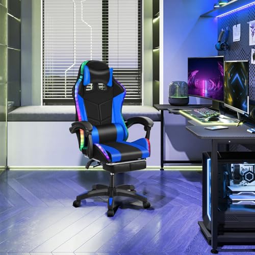 RRXIMHTT Gaming Chair with Footrest Speakers,Ergonomic Computer Office Desk Chair with Height Adjustable,High Back with Lumbar Support,with Led Ambient Light,for Adults Women Men Black Blue