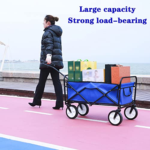Canvas Wagon With Wheels Foldable, Collapsible Folding Wagon Utility Cart Foldable Heavy Duty All Terrain Wagon For Outdoor, Camping, Beach, Garden, Grocery (Blue) #TOP1