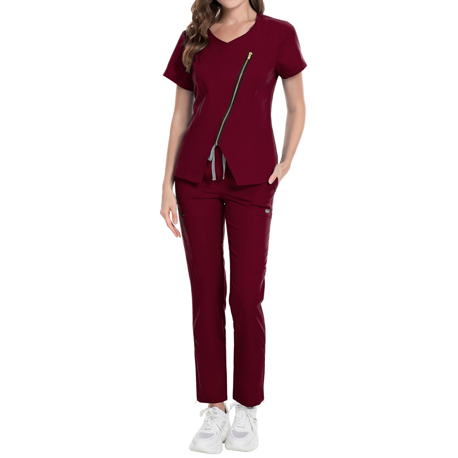 Damen Schrubb Set Medizinische Uniform Elastischer V-Ausschnitt Oberteil mit Gürtel Und Jogginghose Slim Fit Altenpflege Kleidung Frauen Arbeitskleidung Krankenschwester Berufskleidung