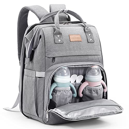 Image of LexiRoman Diaper Bag Backpack Large Capacity Diaper Bag with Changing Pad for Boy Girl Travel for Moms Dads Baby Registry Search Shower Gifts Waterproof Gray