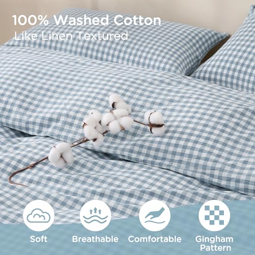 Image of TOCOMOA Blue Gingham Duvet Cover Bedding Set 100% Washed Cotton Like Linen Feel Super Soft Comfortable 3 Piece Vintage Plaid Checkered Comforter Cover Set (King 104 inchx90 inch, Comforter Not Included)