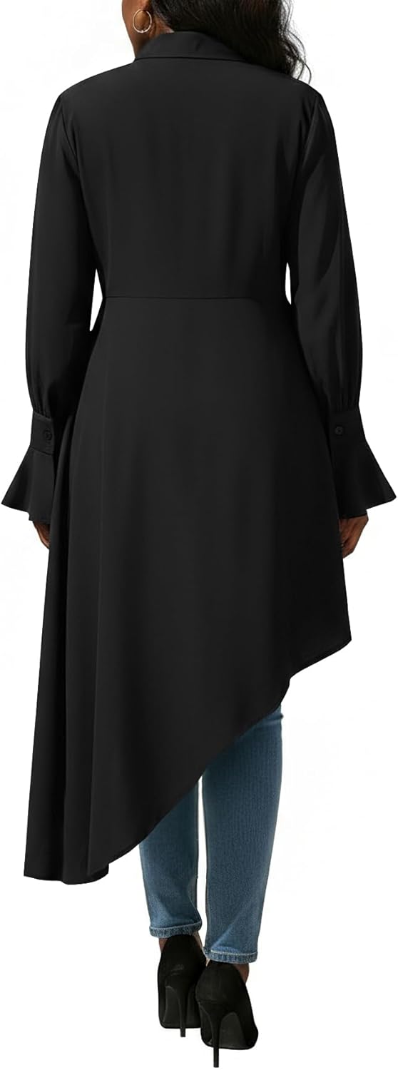 Umenlele Women’s Button Down Long Sleeve Asymmetric Ruffle High Low Hem Blouse Shirt Top - Image 5