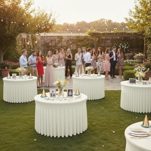 Image of HolidayIdeas 60 Inch Beige Spandex Round Table Skirts,Fitted Stretch Tablecloths for Round 5 ft Table, Wrinkle-Free Ruffle Design Tablecloths for Banquets,Wedding,Trade Shows, Parties, Events, 6 Pcs