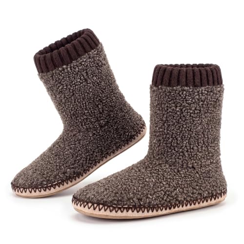 Image of cosyone1997 Boot Slippers for Men Indoor Non Slip Soft Sole | Textured knit upper, fuzzy lining, ankle-high coverage and cushioned insole for cold floors; machine washable