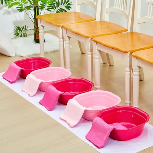 Patelai 6 Sets Kids Foot Spa Kit for Girl 12 x 12 x 4.3 Inch Foot Tub 14 x 30 Inch Hand Towels Washbasin Towels for Spa Party Sleepover Party Supplies (Pink, Rose Red)