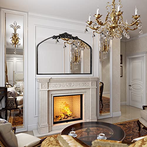 Image of Black Arched Mirror 40 inchX31 inch, Vintage Antique Baroque Mantel Mirror with Black Brush Gold Metal Frame, Ornate Wall Decor for Entryway /Fireplace /Living Room /Hallway /Bathroom /Bedroom