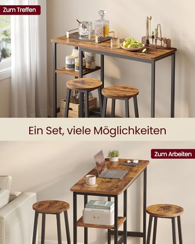 VASAGLE Bartisch mit 2 Barstühlen, Esszimmermöbel-Set, Essgruppe, mit Aufbewahrungsregal, für Wohnzimmer, Küche, Metallrahmen, einfache Montage, vintagebraun-schwarz LBT220KD01