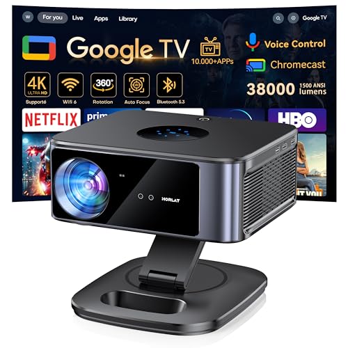 Horlat Videoprojecteur Google TV【38000 Lumens/Netflix Officiel /360° Rotatio】- Projecteur Video 4K Supporté, Contrôle Vocal, WiFi 6 Bluetooth5.2, HDR10, Rétroprojecteur Home Cinéma/Extérieur