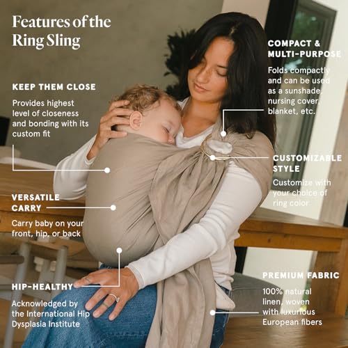 Image of WildBird - Ring Sling Baby Carrier - 0-36 Months (up to 35 lbs) - Long (90 inch) Desert Lark & Silver Ring - Front, Hip or Back Carry - Adjustable Fit - Natural Linen - Baby Essentials - New Mom Gifts