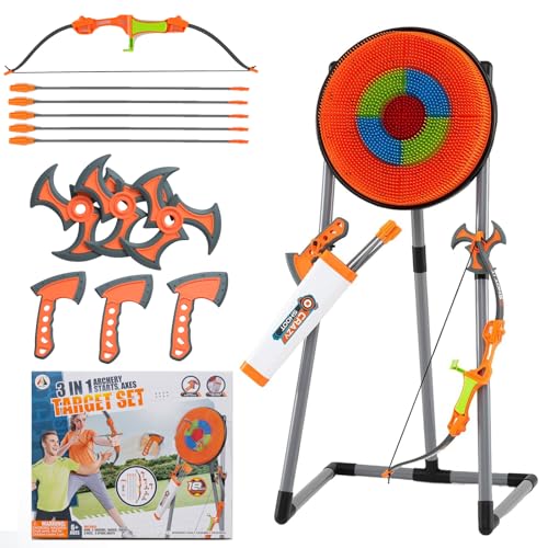SPOTRAVEL Throwing Target Set, Axe Throwing Game Set and Activity Carnival Game, Outdoor Indoor Yard Game for Kids 6+ (with 3 Throwing Axes, 3 Ninja Darts, a Bow & 5 Arrows, 58 x 54 x 118cm)