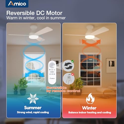 Image of Amico Ceiling Fans with Lights, 42 inch Low Profile Ceiling Fan with Light and Remote Control, Flush Mount, Reversible, 3CCT, Dimmable, Noiseless, Nickel Ceiling Fan for Bedroom, Indoor /Outdoor Use