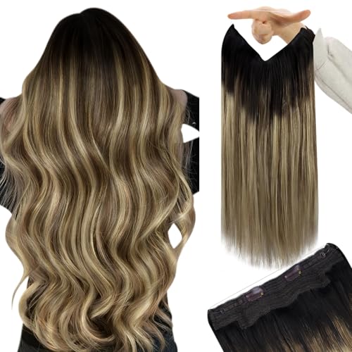 Image of YoungSee 135G Wire Hair Extensions Real Human Hair Ombre, 20 Inch Balayage Human Hair Wire Extensions, Dark Roots to Medium Brown with Blonde, Fish Line Hair Extensions for Women