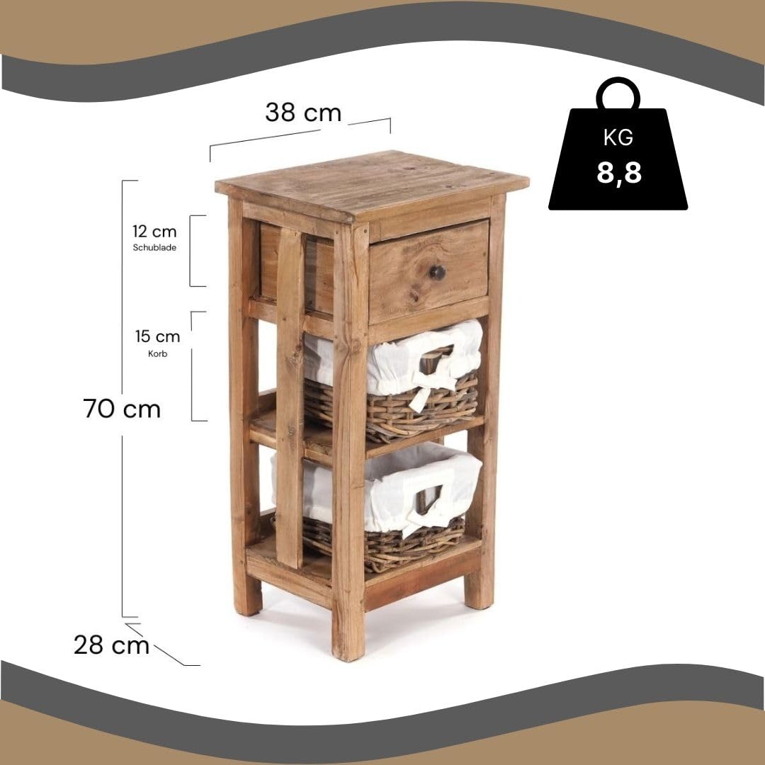 DESIGN DELIGHTS TELEFONTISCH Tower | 70x38x28cm (HxBxT), Holz Flurtisch Recyclingholz, mit 2 Rattan Körben und Schublade | Beistelltisch, Flurtisch