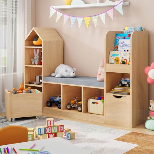 Vabches Kids Bookcase with Reading Nook, Oak Bookshelf with 7