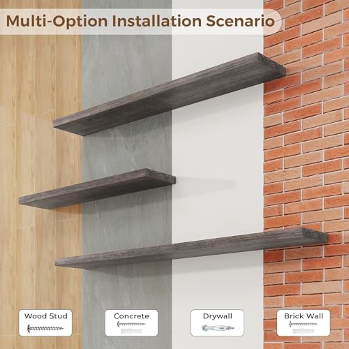 Image of Floating Shelves for Wall, 24in Reclaimed Elm Wood Shelves, Grey, 2PCs | 8in Deepth Rustic Solid Elm Wood Shelves for Storage, Wall Display Shelving, Invisible Metal Bracket