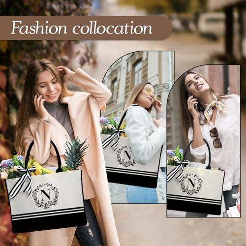 Image of Personalized Initial Canvas Tote Bags, Monogrammed Tote Bag Gifts for Women Teacher Friend for Birthday Wedding