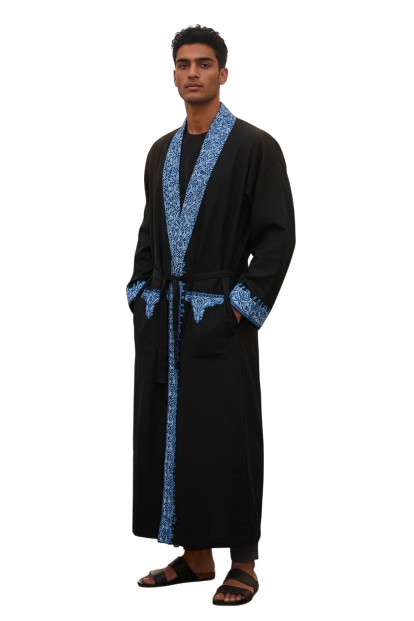 Men Woolen Nightgown Dressing Gown Sleep And Lounge Wear With Kashmiri Charming Embroidery Free Size (1, black-4)