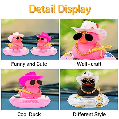 Image of wonuu Car Ornament Rubber Duck, for Car Dashboard Decoration Accessories with Hat Swim Ring Necklace Sunglasses, A Pink&Pink Cowboy Hat&Pink Duck