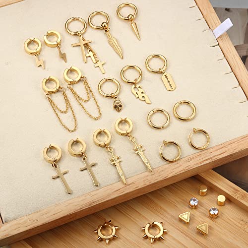 Sanfenly 26Pcs Clip On Earrings For Men Stainless Steel Non Pierced Cross Chain Lightning Feather Spike Skull Dangle Huggie Hoop Fake Earrings Set Black Silver Gold Tone #TOP1