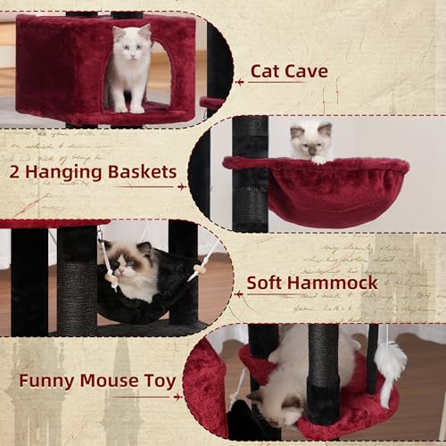 Image of Gitelsnour Tall Cat Tree Tower for for Multiple Cats, Large Condo, GCT031BR | 78.7 inch(200cm) Multi-level Scratching Post for Indoor Large Adult, 2 Condo, 4 Platforms, 3 Hammock, Sisal Rope, Toys Black