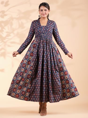 Image of Vbuyz Women's Floral Print Anarkali Cotton Aqua Blue Stitched Kurta | Anarkali Kurti for Women | Kurta for Women