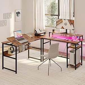 IRONCK L Shaped 70.8″ Computer Office Corner Desk with LED and Power Outlets, Reversible Drafting Table with Storage Shelves & Monitor Stand for Home Bedroom, Brown