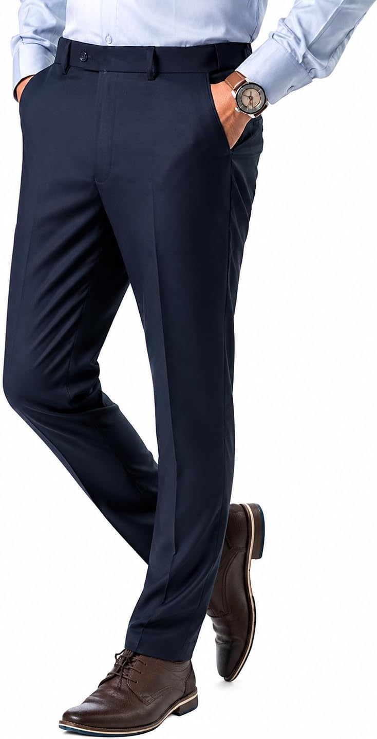 Formal Pant with Expandable Waist for Men. Regular Fit, Flat Front, Premium Lycra Fabric for Office, Party and Casual Wear