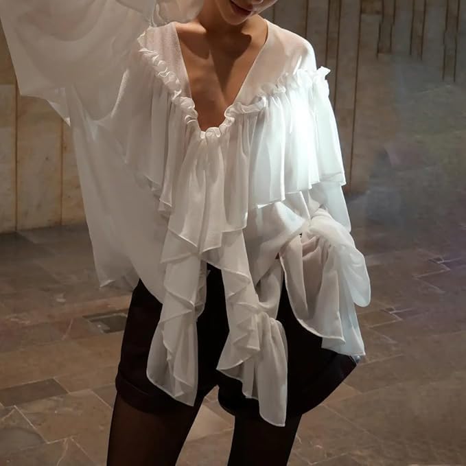 EyeWink Women's Victorian Ruffled Chiffon Blouse Long Sleeve V-Neck Loose Fit Sheer Shirt Elegant Business Casual Tops