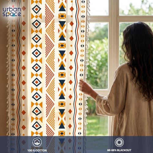 Image of Urban Space Abstract Boho Decorative Curtain for Window, 100% Cotton Curtain 5 Feet Long, 1piece Curtain with Tassels, 60-65% Room Darkening with Tieback and Eyelets (Boho Multi Orange, 5 Feet)