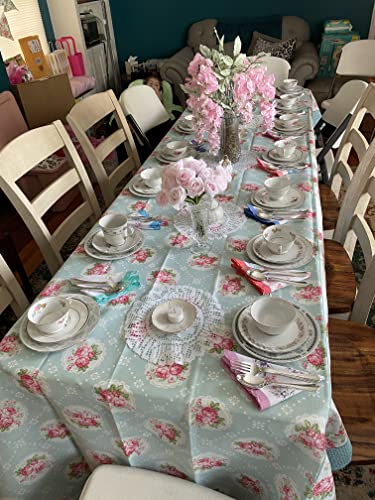 Adonisusa Blue And White Printed Tablecloth With Design Of Beautiful Pink Roses. Perfect For Spring Decor, Dining Room, Kitchen (Rectangle 55X83 Inches ~ 140X210 Cm) #TOP5