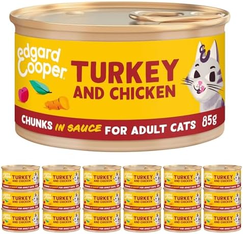 Edgard Cooper Grain Free Wet Cat Food in Gravy for Adult Cats (Turkey&Chicken 16 x 85g), Natural Cat Food in Chunks for Sterilized or Active Cats, Fresh Meat, No Added Sugar