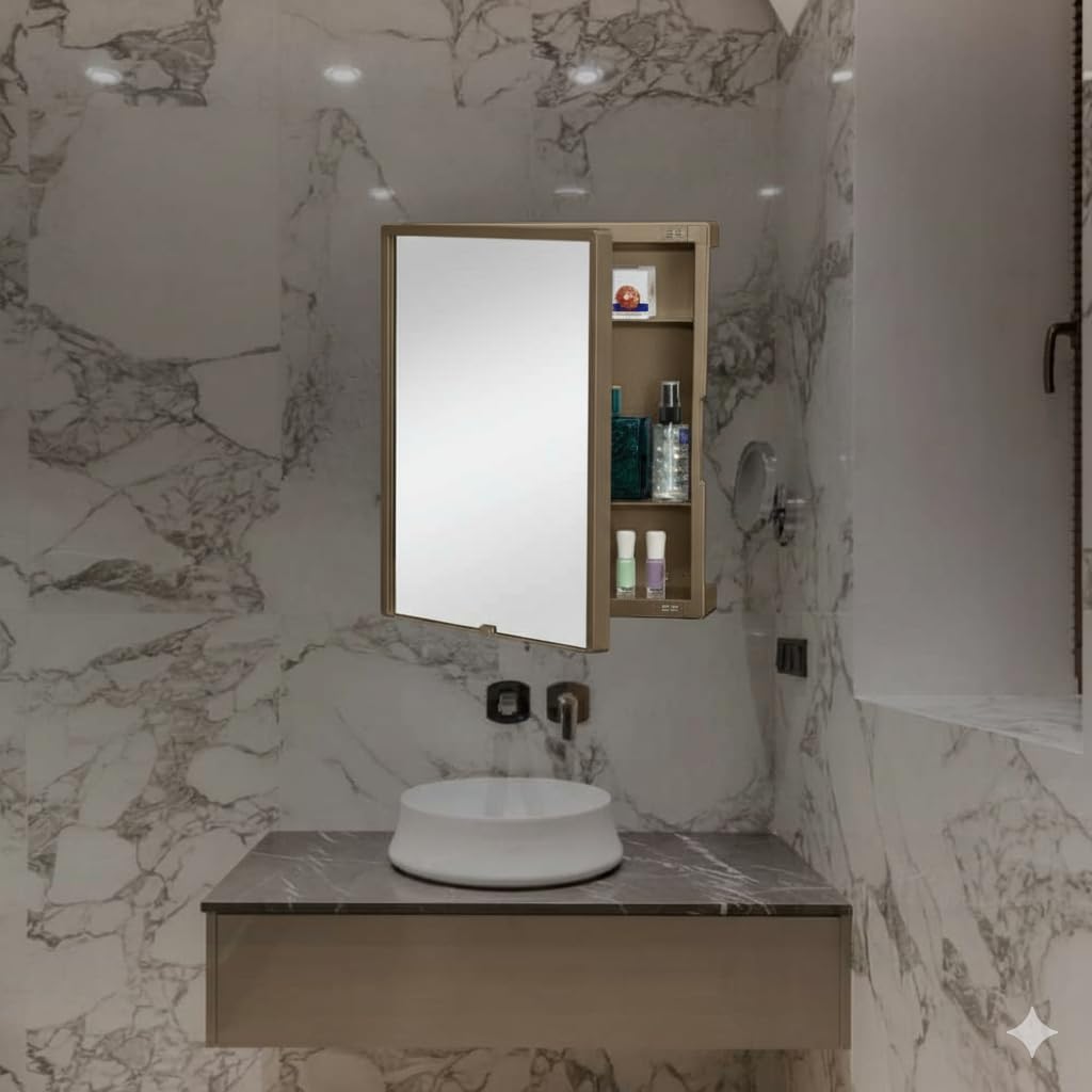 CIPLA PLAST New Rich Look Bathroom Cabinet with Mirror | Storage Organiser | Strong Plastic Bathroom Shelves Wall Mounted | Bathroom Accessories| Mirror Cabinet (Champagne Gold)