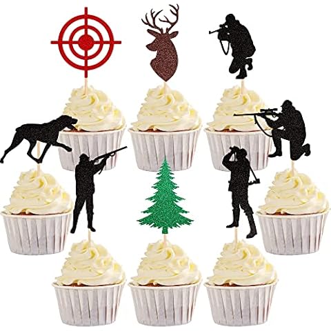 SYKYCTCY 24 Pack Hunting Cupcake Toppers Glitter Tree Deer Hound Target Hunter Cupcake Picks Woodland Hunting Theme Baby Shower Boys Girls Birthday Party Cake Decorations Supplies Cover