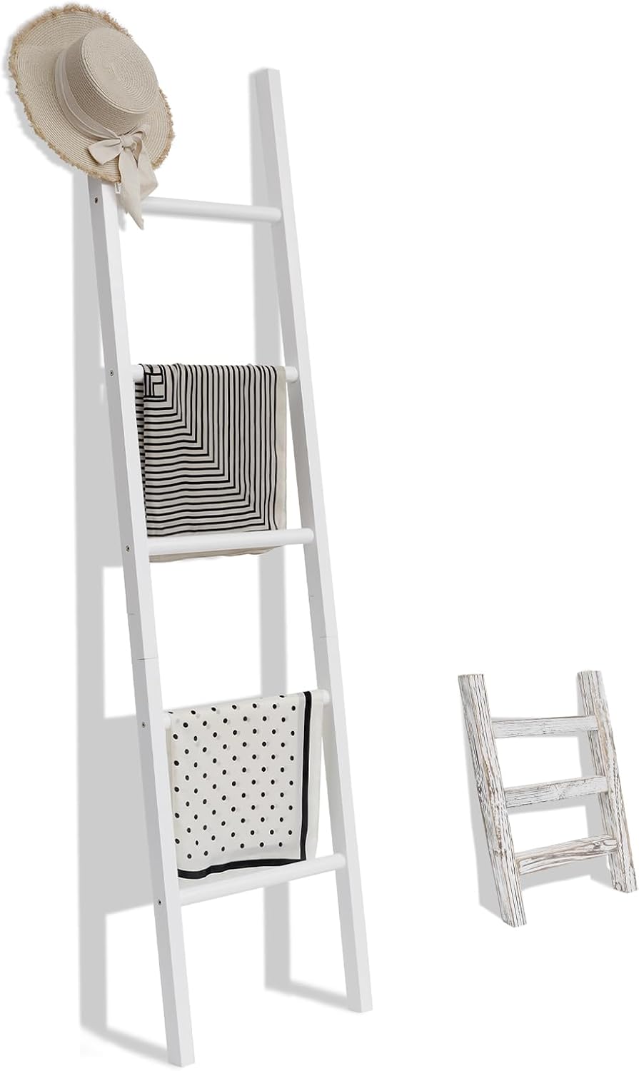 FUIN Ladders, Wood 6ft Blanket Ladder and Mini Tea Towel Ladder, White
