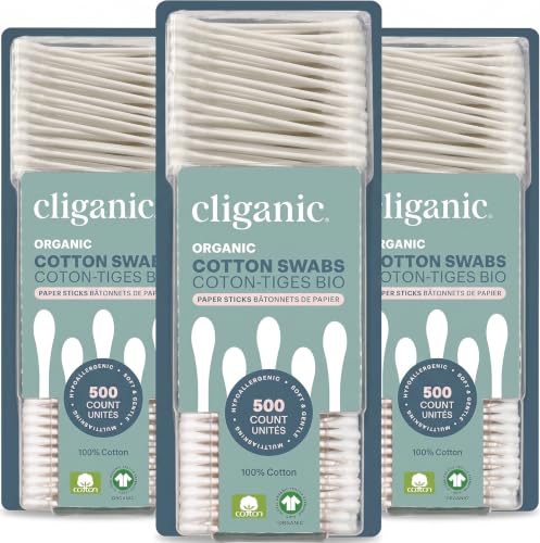 Cliganic Organic Cotton Swabs, 1500 Count - 100% Pure Natural Cotton, Chlorine-Free Hypoallergenic, Soft, Gentle & Absorbent Buds