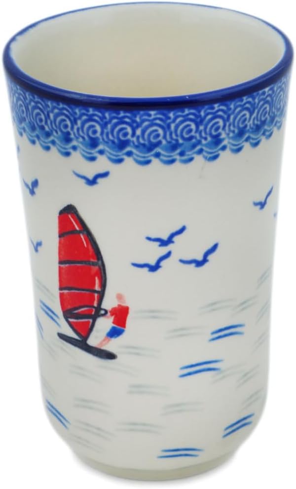 Authentic Polish Pottery Tumbler Signature UNIKAT in Windsurfing Design Handmade in Bolesławiec Poland by Ceramika Artystyczna + Certificate of Authenticity