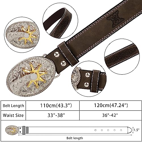 Women's Western Genuine Leather Belt Oval Star Buckle Size 33-42 Inch4