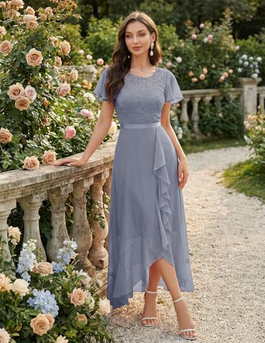 Image of BeryLove Formal Long Dresses for Women Wedding Guest Cocktail Bridesmaid | Airy Lace & Chiffon Evening Gown, Flutter Sleeve, Ideal for Mother of the Bride, Prom, Homecoming Party & Semi-Foraml Events