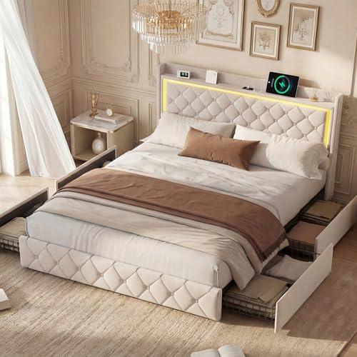 Mutuolux Lit Coffre 160x200 cm avec 4 Tiroirs,Lit Double avec Sommier à Lattes,Tête de Lits avec Éclairage LED et USB & Type C,Lit 2 Personnes pour Adultes et...