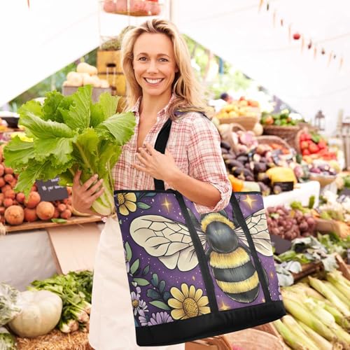 Large Insulated Tote Bag Closeup Bee Florals for Grocery Shopping Reusable Tote Bags for Women Men, Cooler Bag with Zippered Top & Handles for Beach Picnic Travel2