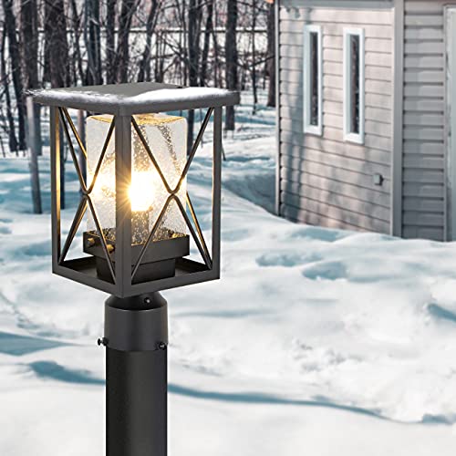 Eeru Dusk To Dawn Outdoor Post Light Fixtures Modern Exterior Post Top Lantern With Photocell Sensor, Pier Mount Black Pillar Light With Seeded Glass Waterproof Pole Lamp For House Backyard Patio #TOP6