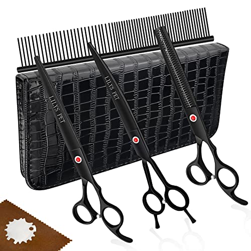 LILYS PET Professional Pet Grooming Schere Kit, beschichtetem Titan, Sharp und Starke Edelstahl-Blatt für Hunde, Katzen, Haarschneiden, 3 Stück Schere 8,0 Zoll Schwarz Cover
