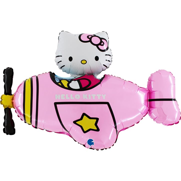 Grabo ballon Hello Kitty avec avion rose. Ballon pour fêtes en forme de Hello Kitty, en feuille d'aluminium avec une paille pour le gonfler. Ballons colorés...